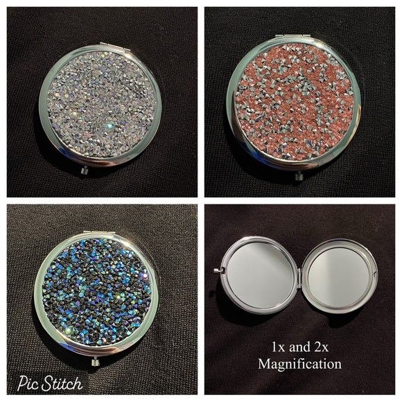 Rhinestone Glitter Compact Mirror CHOICE - Silver, Pink, or Blue - Magnifying - Picture 1 of 7